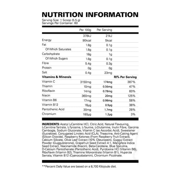 EHP Labs OxyShred Non Stim Nutrition Facts