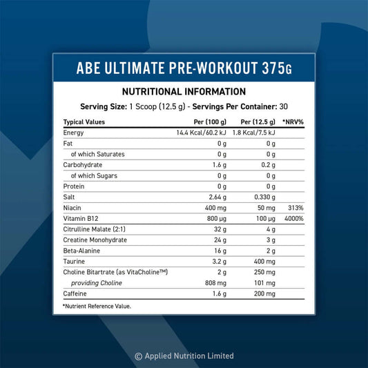 ABE Ultimate Pre-Workout 375g nutritional information: calories, fat, carbs, protein, salt, niacin, vitamin B12, and caffeine.