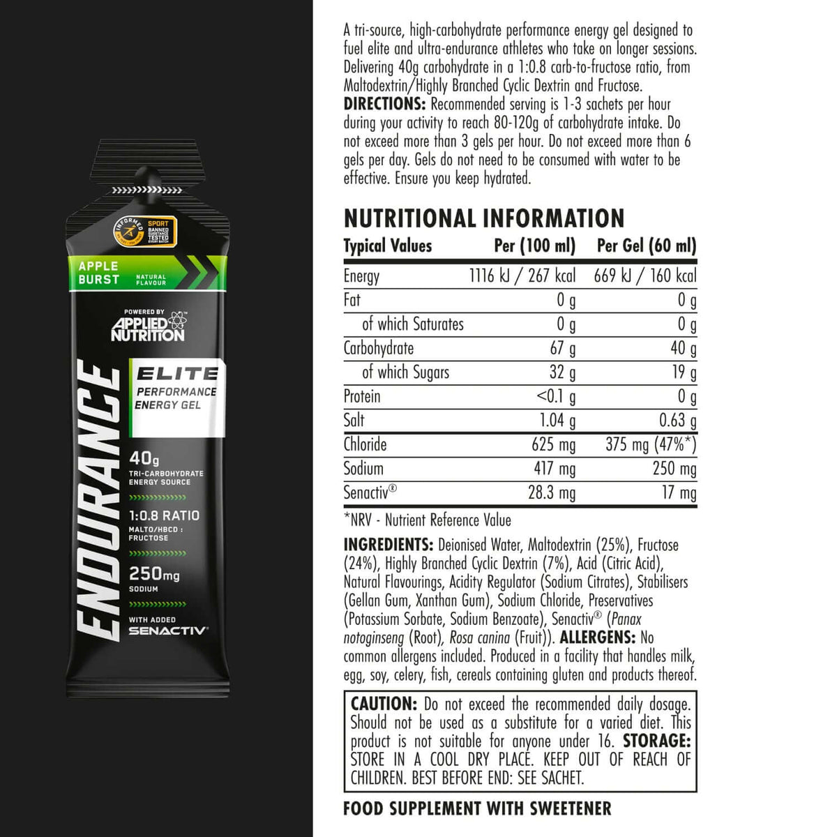 Applied Nutrition Endurance Elite Performance Energy Gels Nutrition Facts