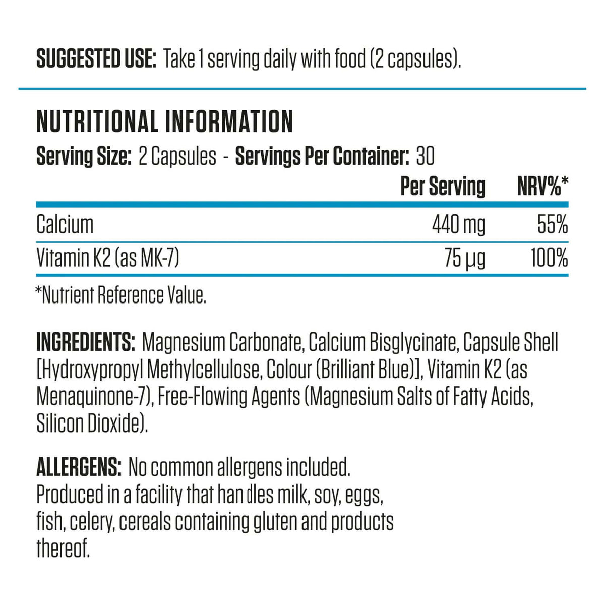 Applied Nutrition Calcium & Vitamin K2 Nutrition Facts