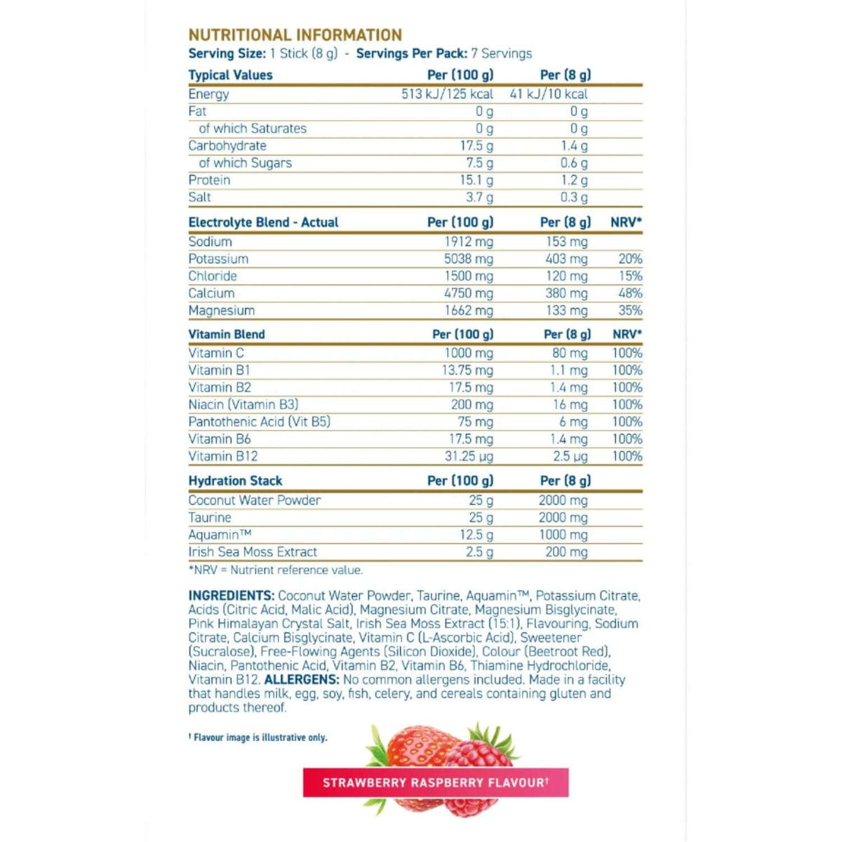 Applied Nutrition Hydration+ Electrolyte & Vitamin Powder Stick Pack Nutrition Facts