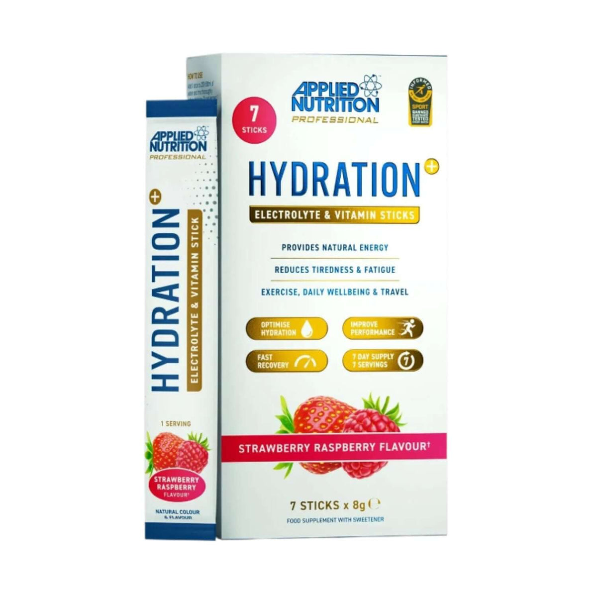 Applied Nutrition Hydration+ Electrolyte & Vitamin Powder Stick Pack Size: 7 x 8g Flavour: Strawberry Raspberry
