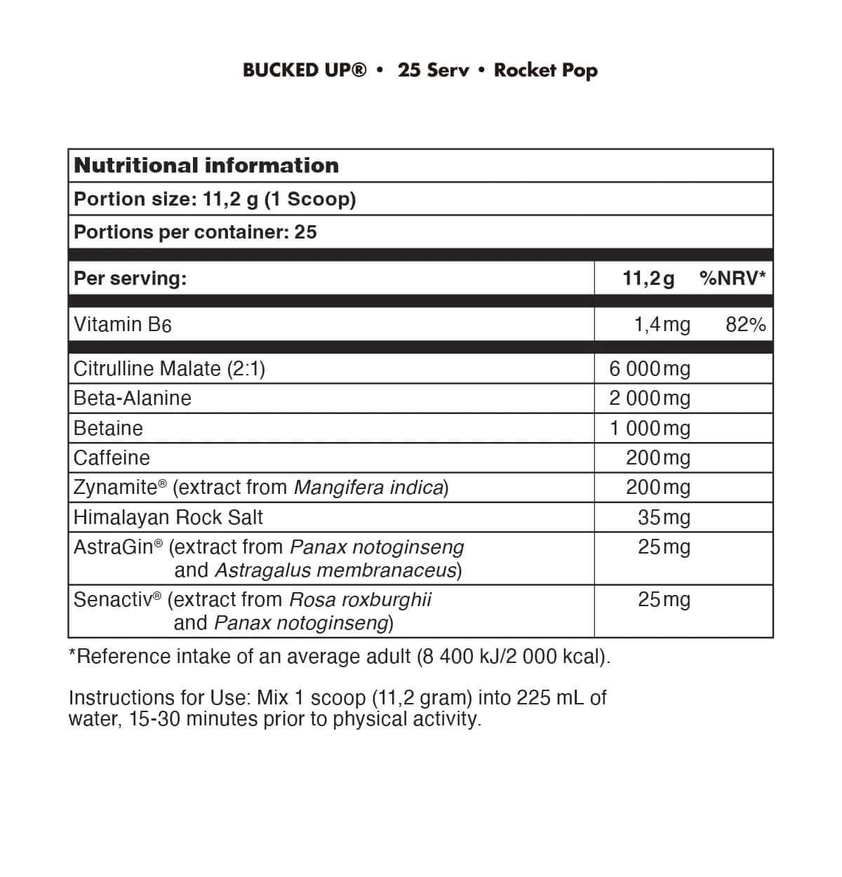 Bucked Up Pre Workout Nutrition Facts