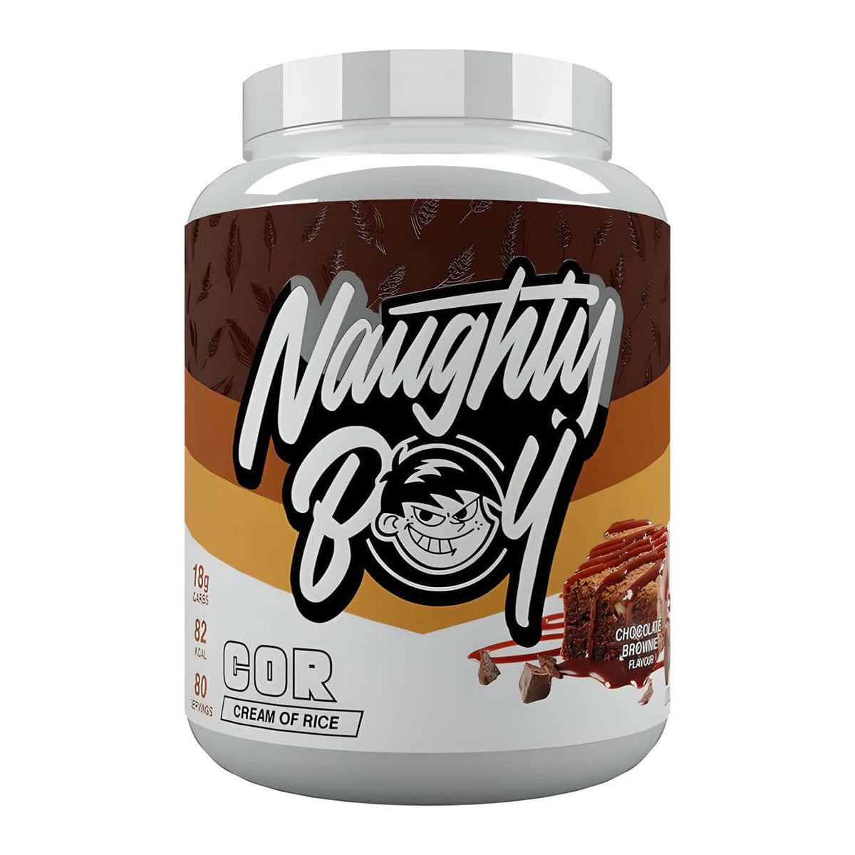 Naughty Boy Cream of Rice 2kg, Chocolate Brownie flavor. Source of carbohydrates.