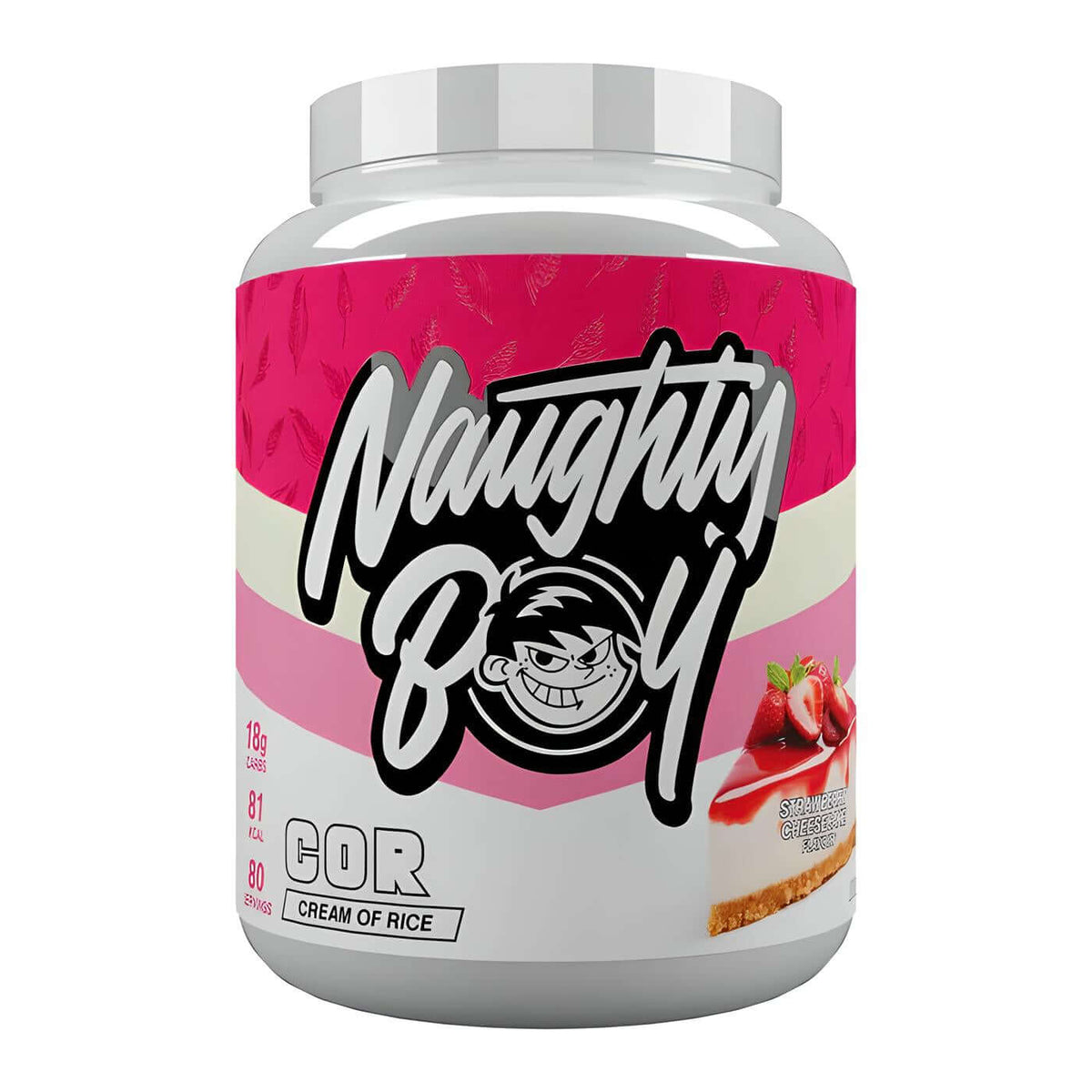 Naughty Boy Cream of Rice 2kg, Strawberry Cheesecake flavor. Dietary supplement with cartoon branding.