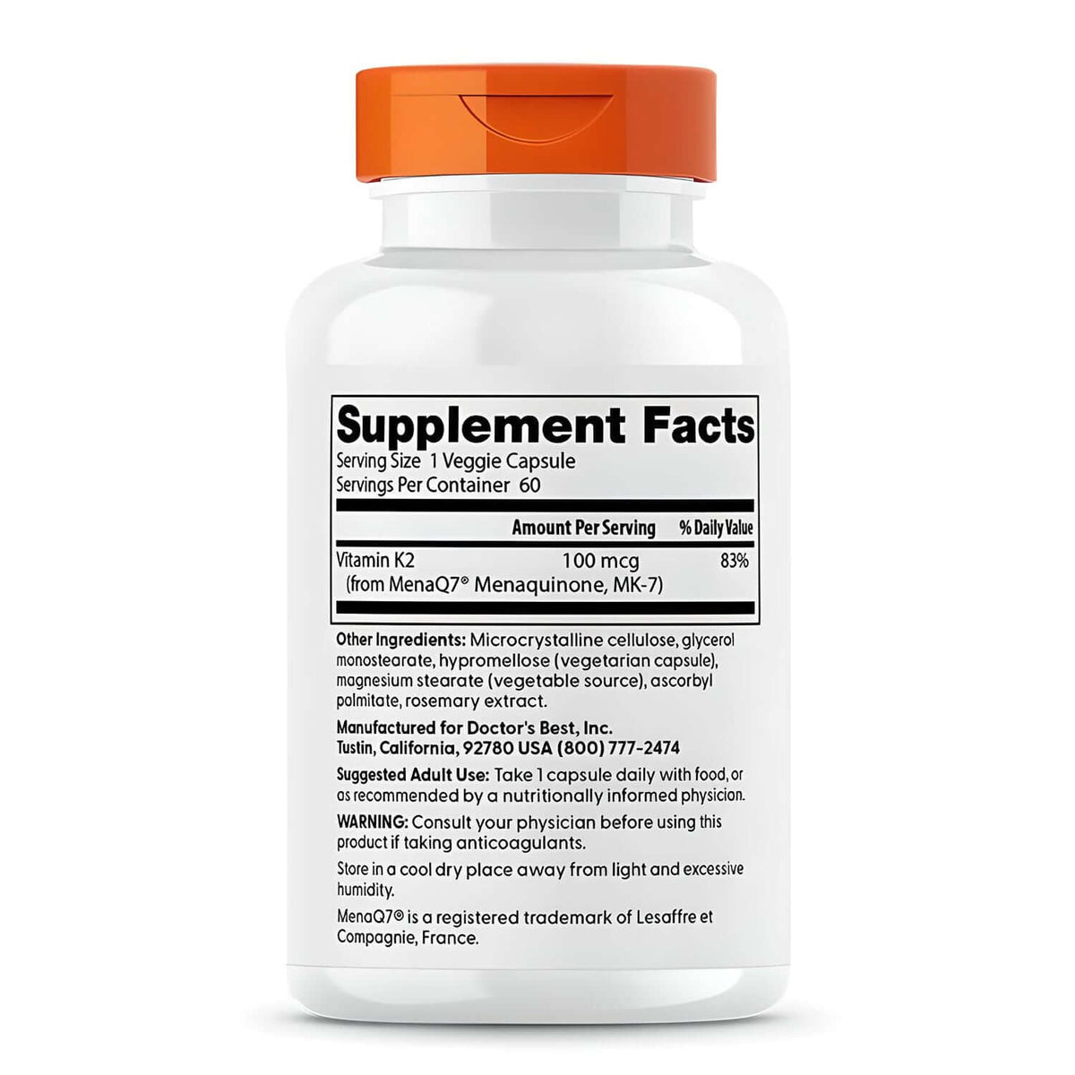 Doctor's Best Natural Vitamin K2 MK7 100mcg Nutrition Facts