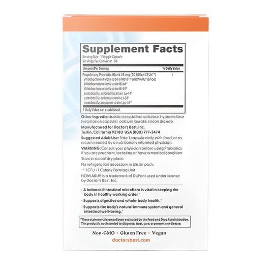 Doctor's Best Digestive Probiotic 20 Billion CFU Nutrition Facts