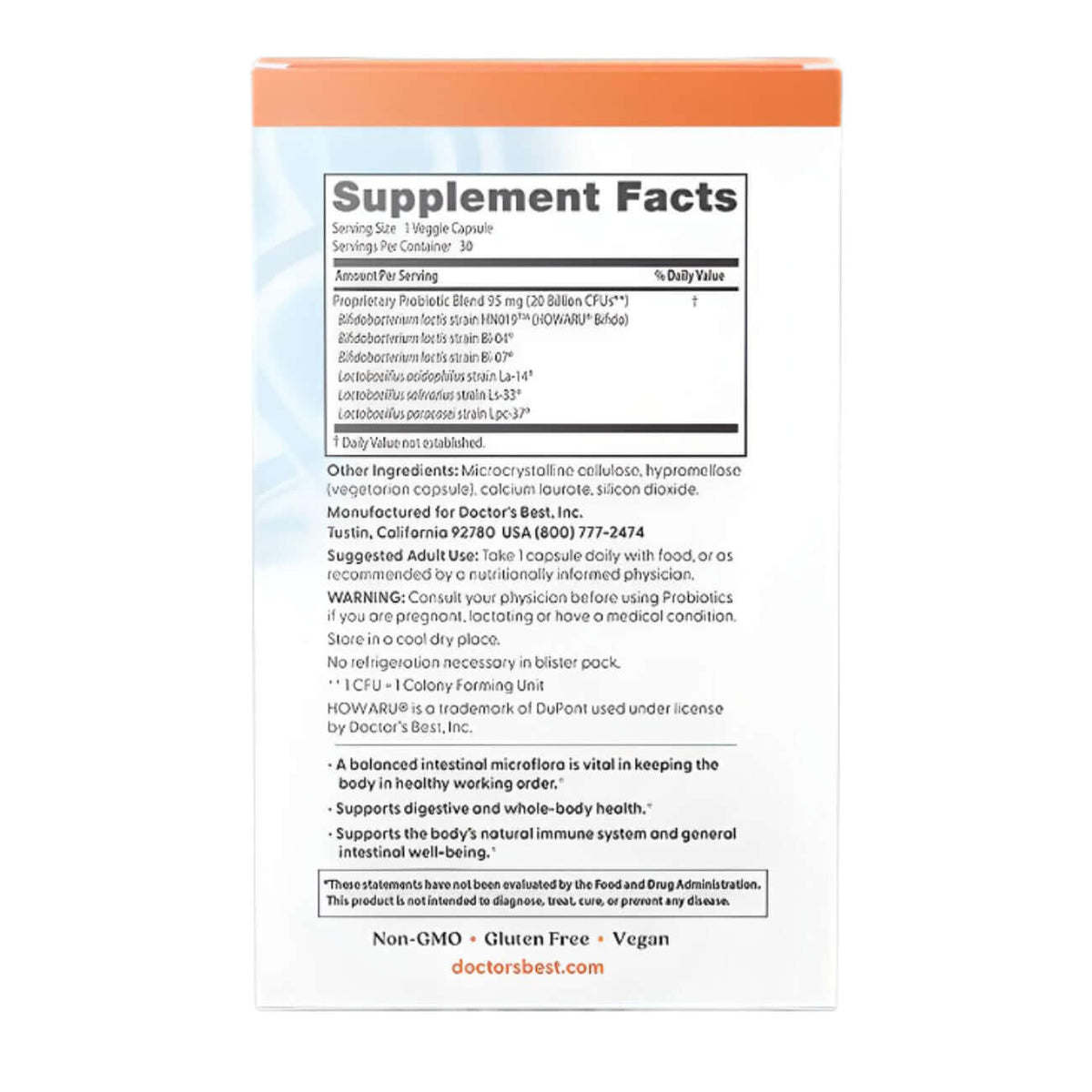 Doctor's Best Digestive Probiotic 20 Billion CFU Nutrition Facts
