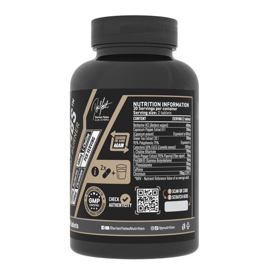 Dorian Yates Burner tablets for nutrition, includes ingredients like Berberine, L-Choline and Chromium.