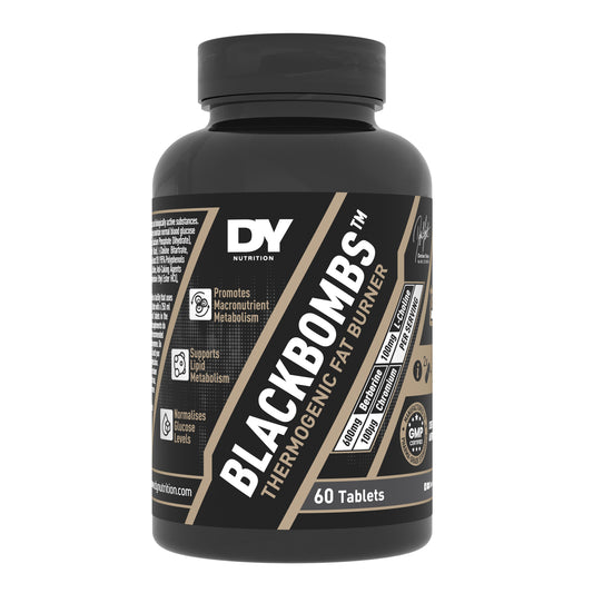 DY Nutrition Black Bombs thermogenic fat burner supplement with 60 tablets. Promotes macronutrient & lipid metabolism.