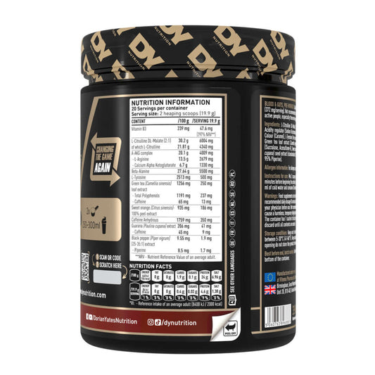 Dorian Yates Nutrition Blood & Guts Pre-Workout, nutritional information, ingredients and servings per container.