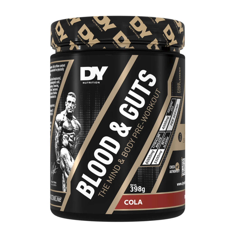 DY Nutrition Blood & Guts Cola Pre-Workout, 398g. A pre-workout supplement for mind and body.