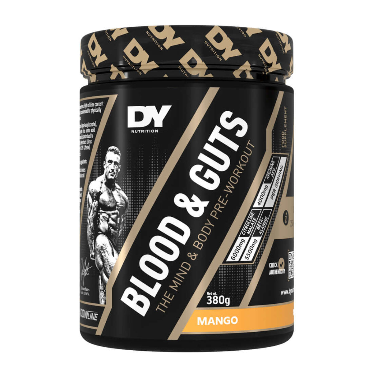 DY Nutrition Blood & Guts Mango Pre-Workout, 380g. Nutritional supplement for mind and body.