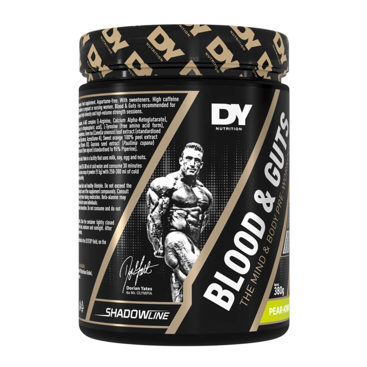 DY Nutrition Blood & Guts Pear-Kiwi pre-workout supplement. Features Dorian Yates, 6x Mr. Olympia, on the label. 380g.