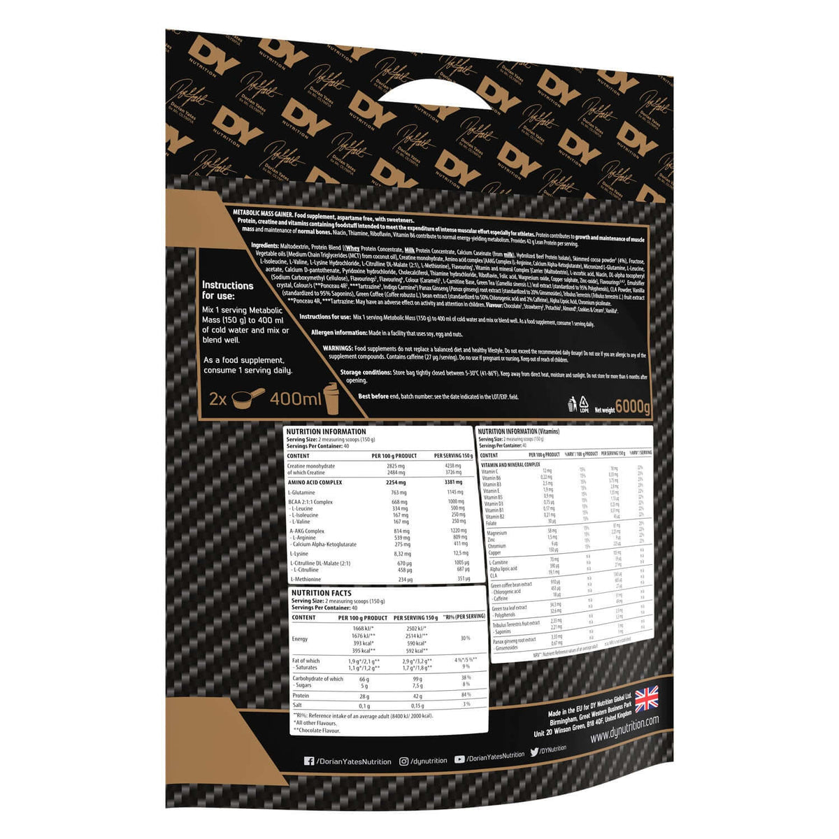 Dorian Yates Nutrition Metabolic Mass Gainer Nutrition Facts