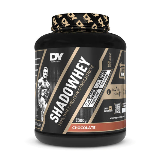 Dorian Yates ShadoWhey 2kg Chocolate whey protein concentrate. 21.5g protein, 7.17g BCAAs per serving.