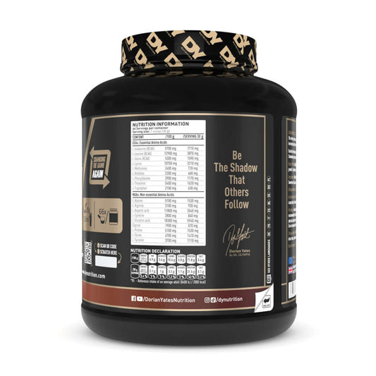 Dorian Yates Shadowhey whey concentrate tub with nutrition facts, essential amino acids, and signature.