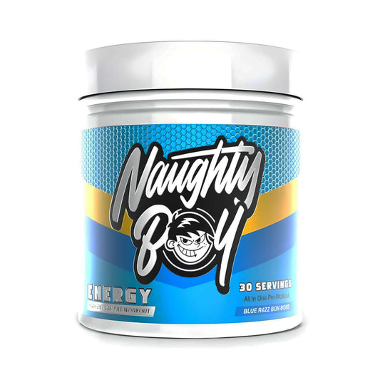 Naughty Boy Energy pre-workout, 390g, Blue Razz Bon Bons flavor, 30 servings.