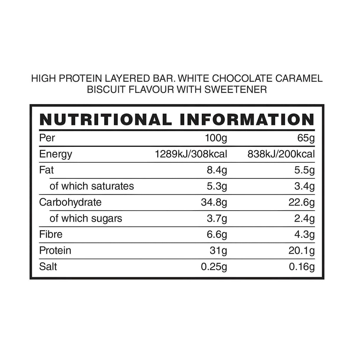 Naughty Boy Esco Bar Protein Bars Size: 12 x 65g Flavour: White Chocolate Caramel Biscuit Nutrition Facts