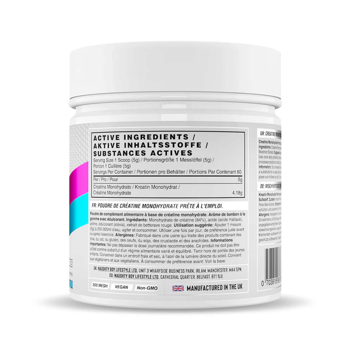 Naughty Boy Creatine Monohydrate tub with nutrition facts and ingredients. Vegan and Non-GMO. Manufactured in the UK.