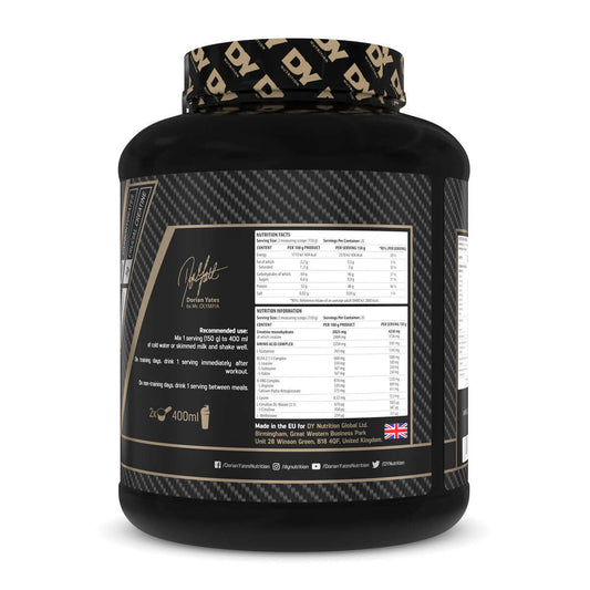 Dorian Yates Game Changer Mass Gainer, nutrition facts, ingredients and serving information on product label.