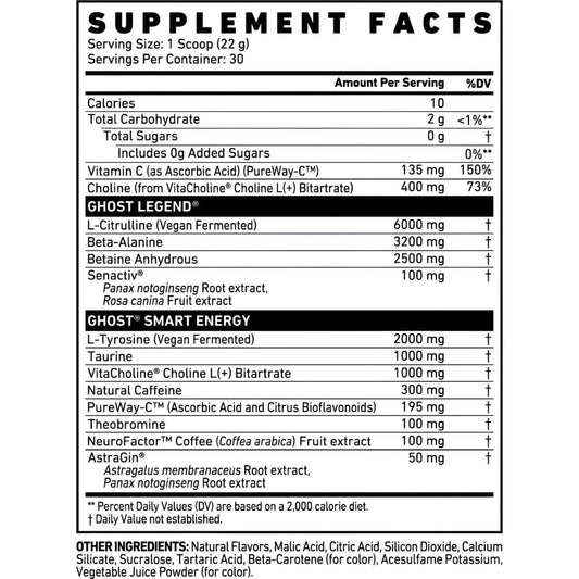 Ghost Legend Size: 30 Svgs Flavour: Nutrition Facts