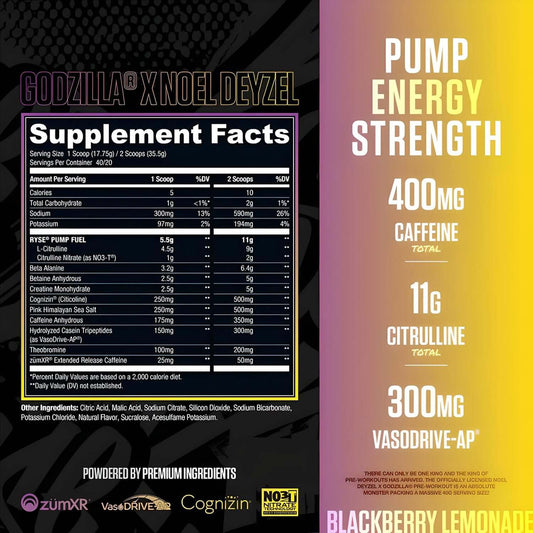 Ryse Godzilla Pre Workout supplement facts label: calories, carbs, choline, sodium, potassium, pump fuel, citrulline, beta alanine, creatine, caffeine.