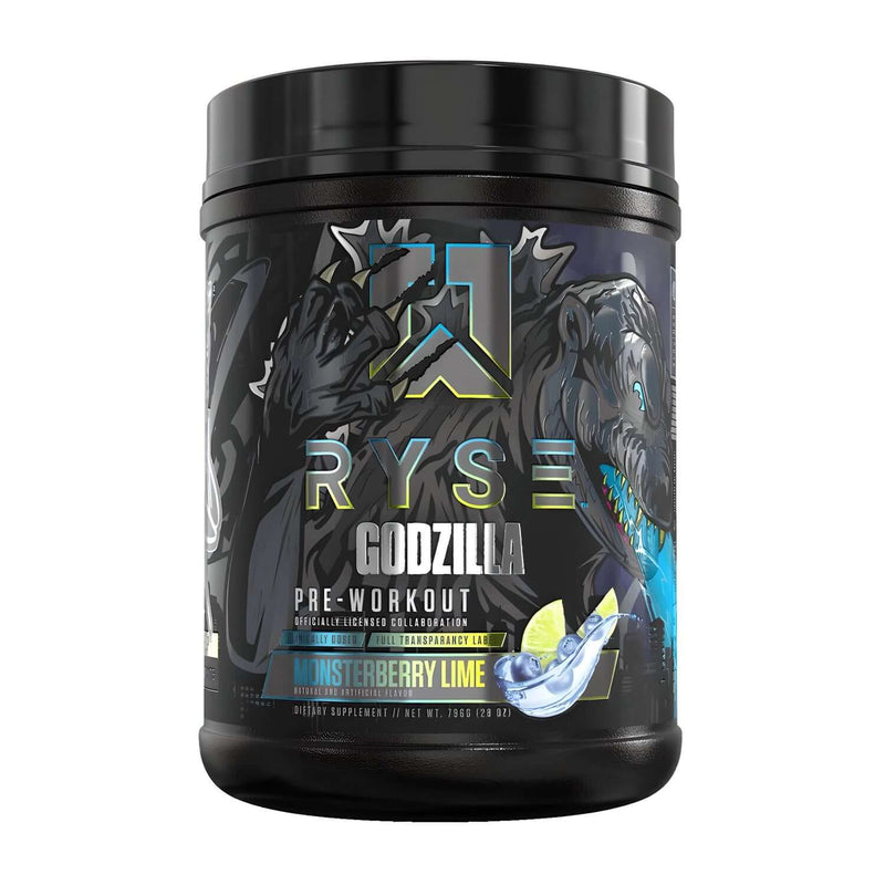 Ryse Godzilla Pre-Workout, Monsterberry Lime flavor, 796g. Dietary supplement for energy and focus.