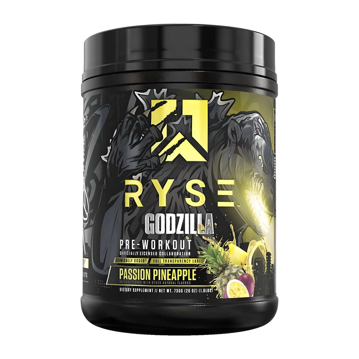 Ryse Godzilla Passion Pineapple Pre-Workout (736g). Dietary supplement featuring Godzilla graphics.