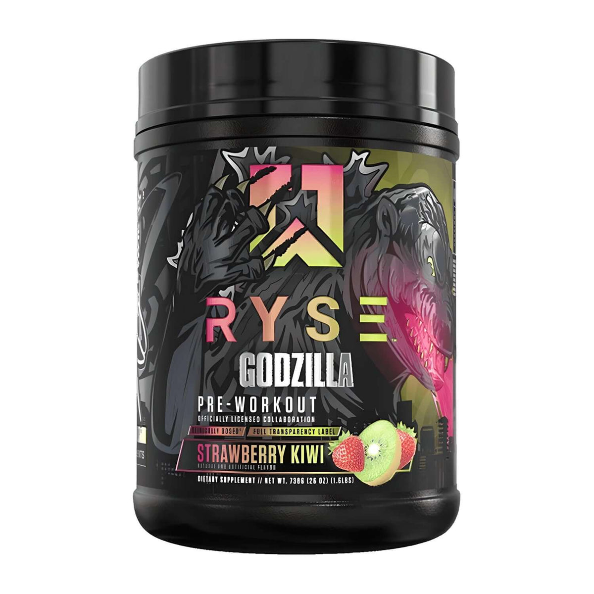 Ryse Godzilla Pre-Workout, Strawberry Kiwi flavor, 738g. Dietary supplement for energy and focus.