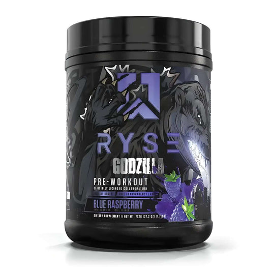 Ryse Godzilla Pre-Workout, Blue Raspberry flavor, 772g. Dietary supplement for energy and focus.