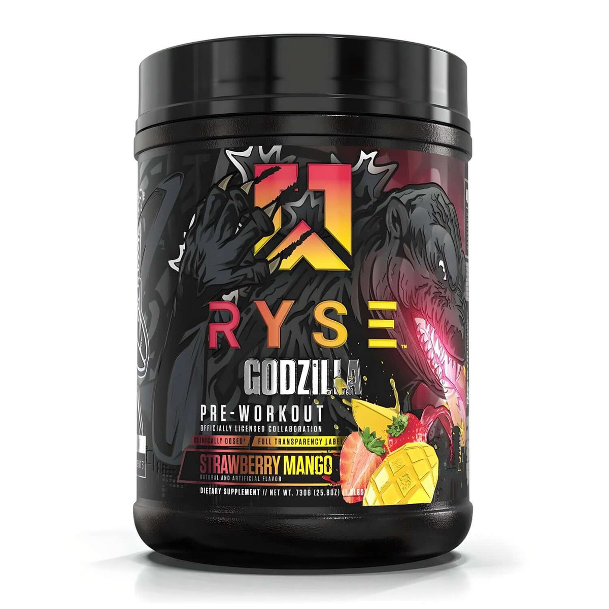 Ryse Godzilla Strawberry Mango Pre Workout, 730g. Dietary supplement for energy and focus.