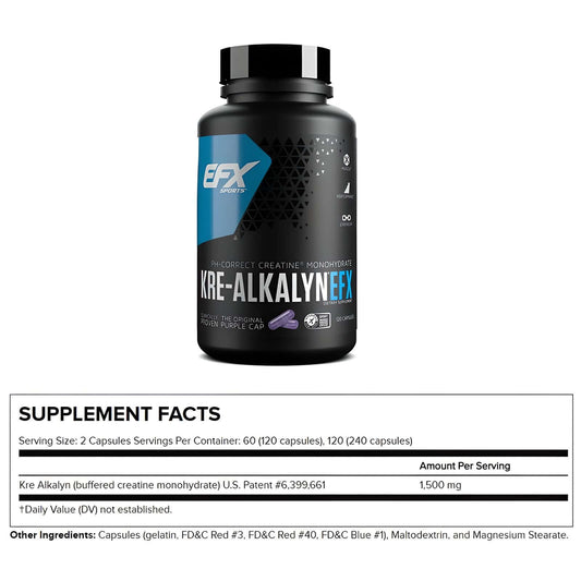EFX Kre-Alkalyn EFX Creatine, 120 capsules. pH-Correct creatine monohydrate supplement for performance and strength.