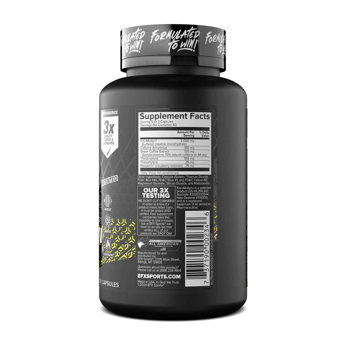 EFX Sports Kre Alkalyn Hardcore supplement facts label. Contains Kre-Alkalyn, caffeine, green coffee extract, theobromine, theophylline, Razberi-K.