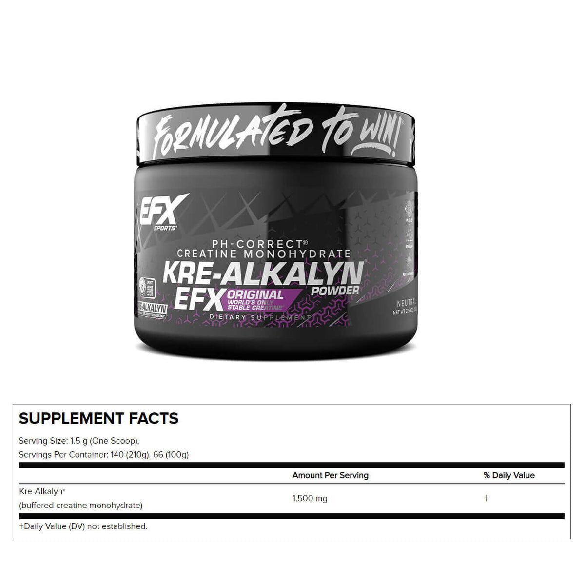 EFX Sports Kre-Alkalyn EFX Powder, Unflavored - 100g. Nutrition facts and ingredients information.