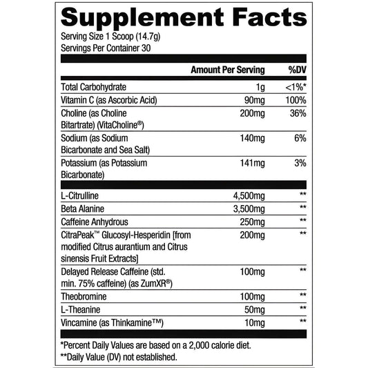 Ryse Loaded Pre-Workout Supplement Facts: Nutrition information per serving and ingredients list.