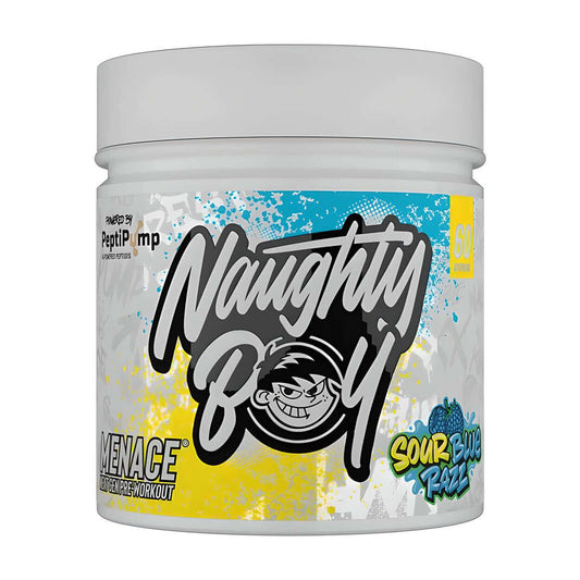 Naughty Boy Menace V2 Sour Blue Razz Pre-Workout (420g) with 60 servings for energy and focus.