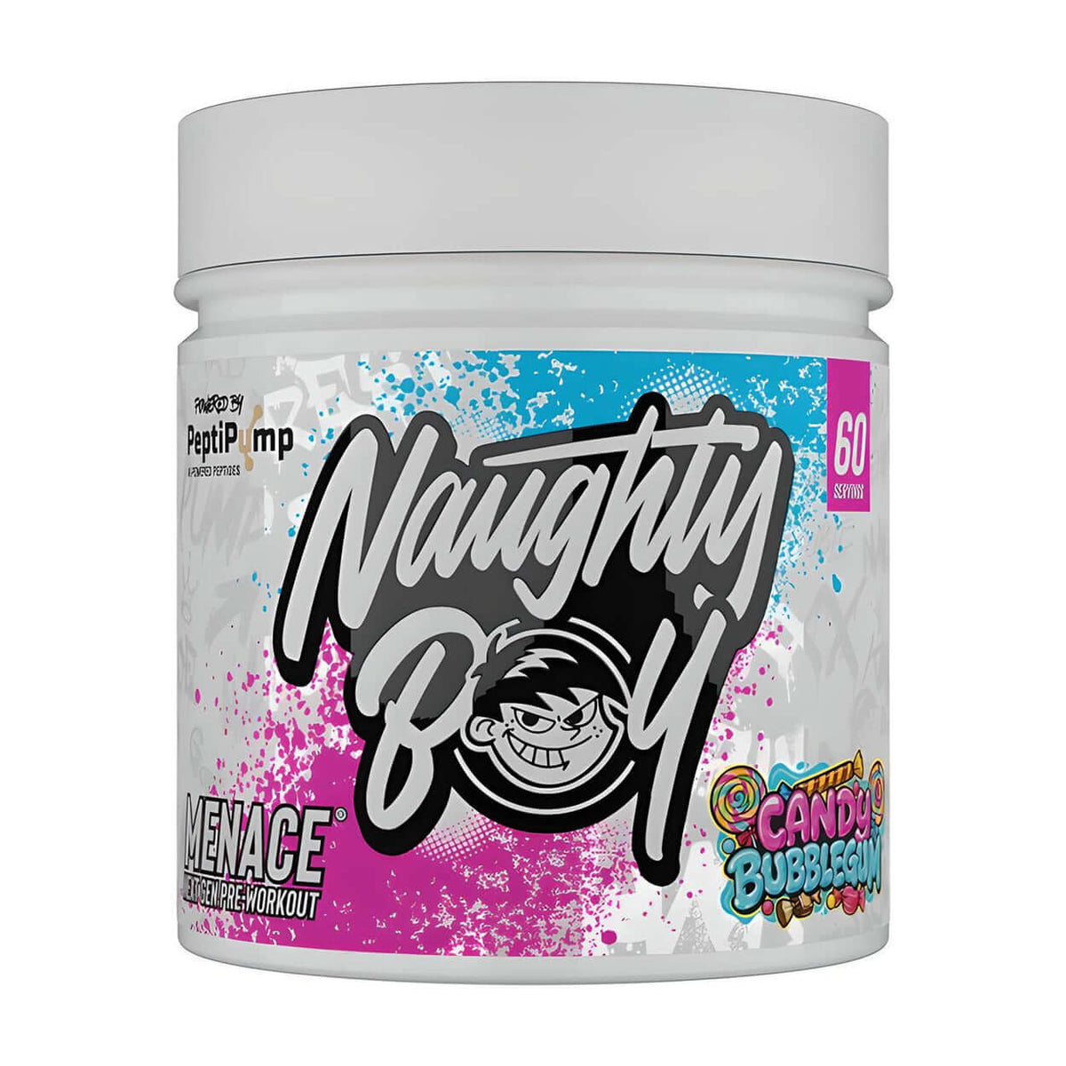 Naughty Boy Menace V2 Candy Bubblegum pre-workout supplement, 420g, 60 servings.