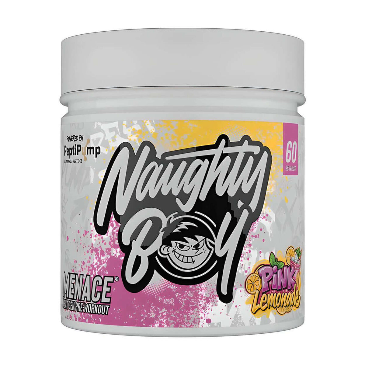 Naughty Boy Menace V2 pre-workout, 420g, Pink Lemonade flavor, 60 servings.