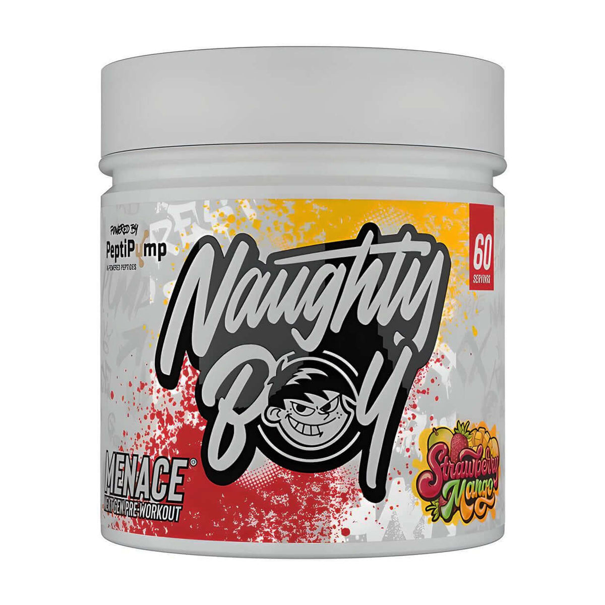 Naughty Boy Menace V2 Strawberry Mango pre-workout supplement, 420g, 60 servings.