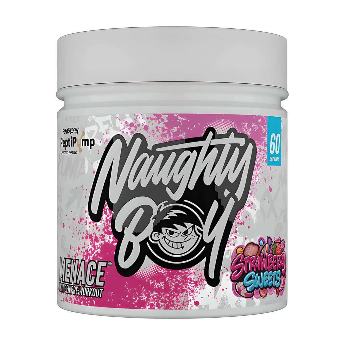 Naughty Boy Menace V2 pre-workout, 420g, Strawberry Sweets flavor, with 60 servings per container.