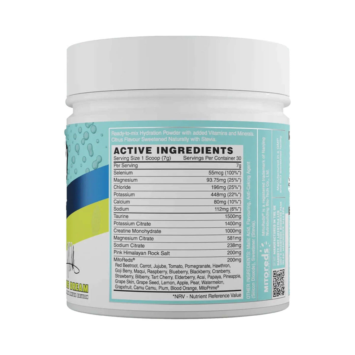 Naughty Boy Hydration supplement facts. Details active and other ingredients. Hydration powder with vitamins and minerals.
