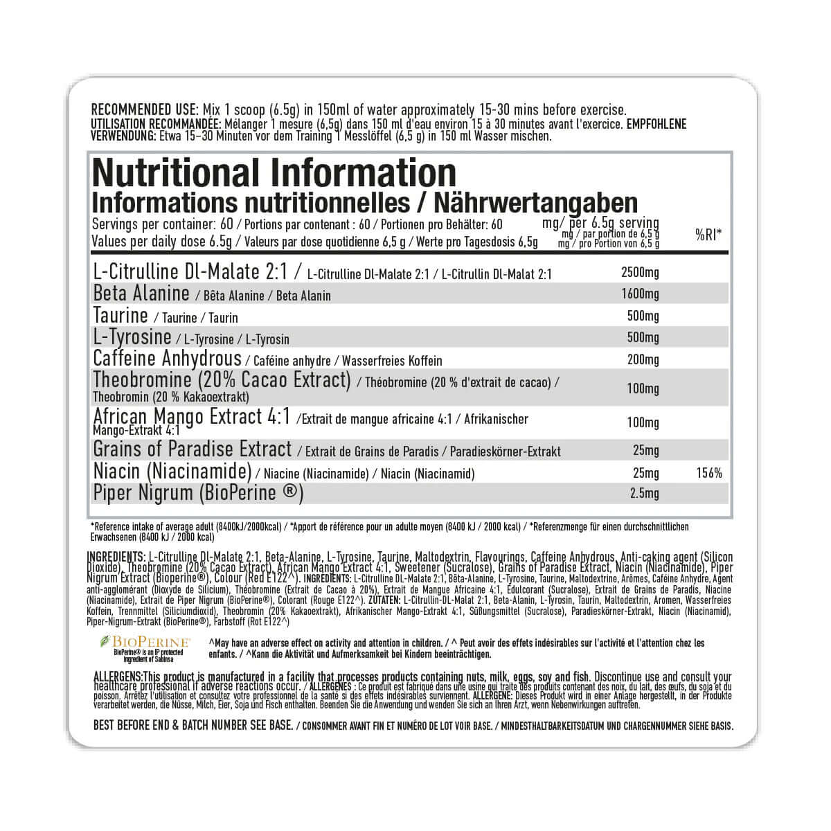 Per4m Energy Pre Workout Nutrition Facts