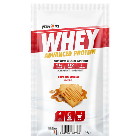 Per4m Whey Sample Sachet Size: Single Serving (30g) Flavour: Caramel Biscuit