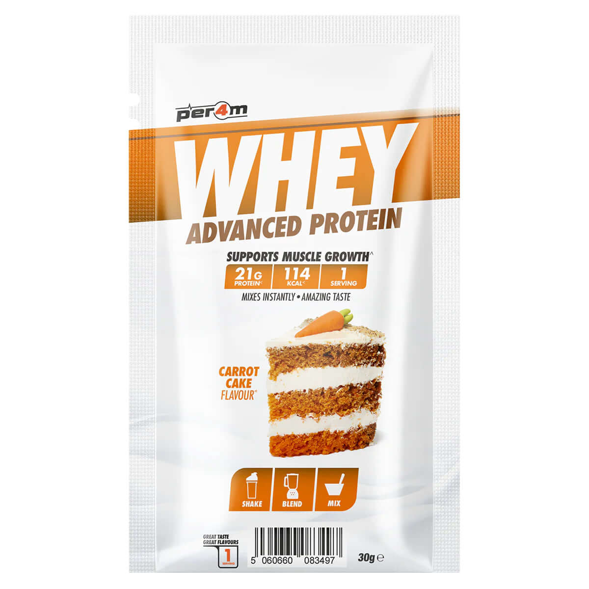 Per4m Whey Sample Sachet Size: Single Serving (30g) Flavour: Carrot Cake
