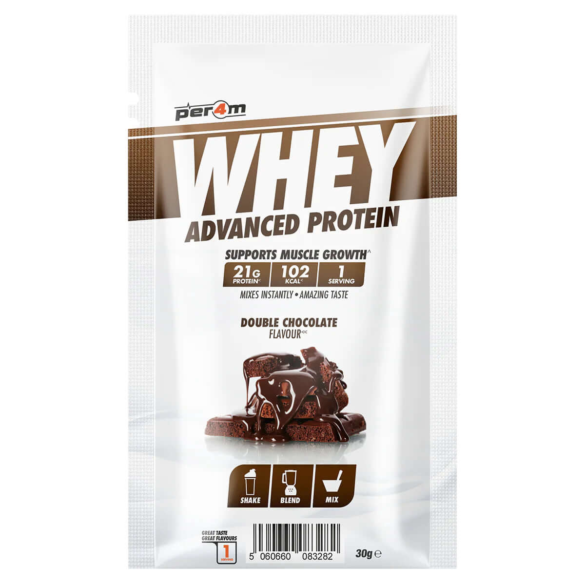Per4m Whey Sample Sachet Size: Single Serving (30g) Flavour: Double Chocolate