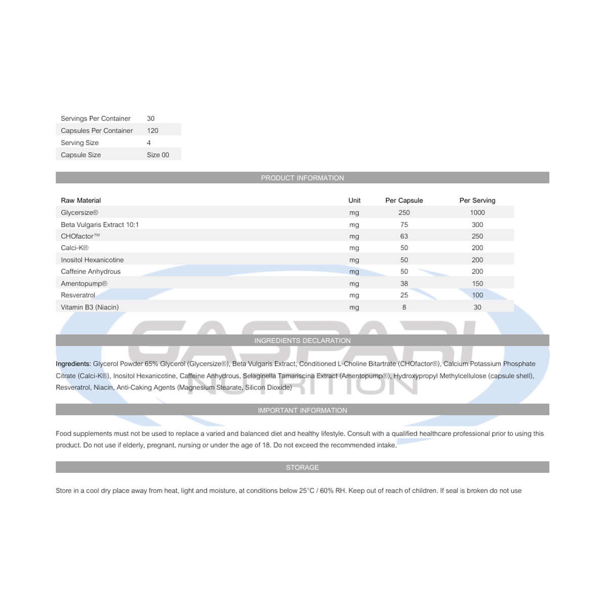 Gaspari Plasmajet Nutrition Facts