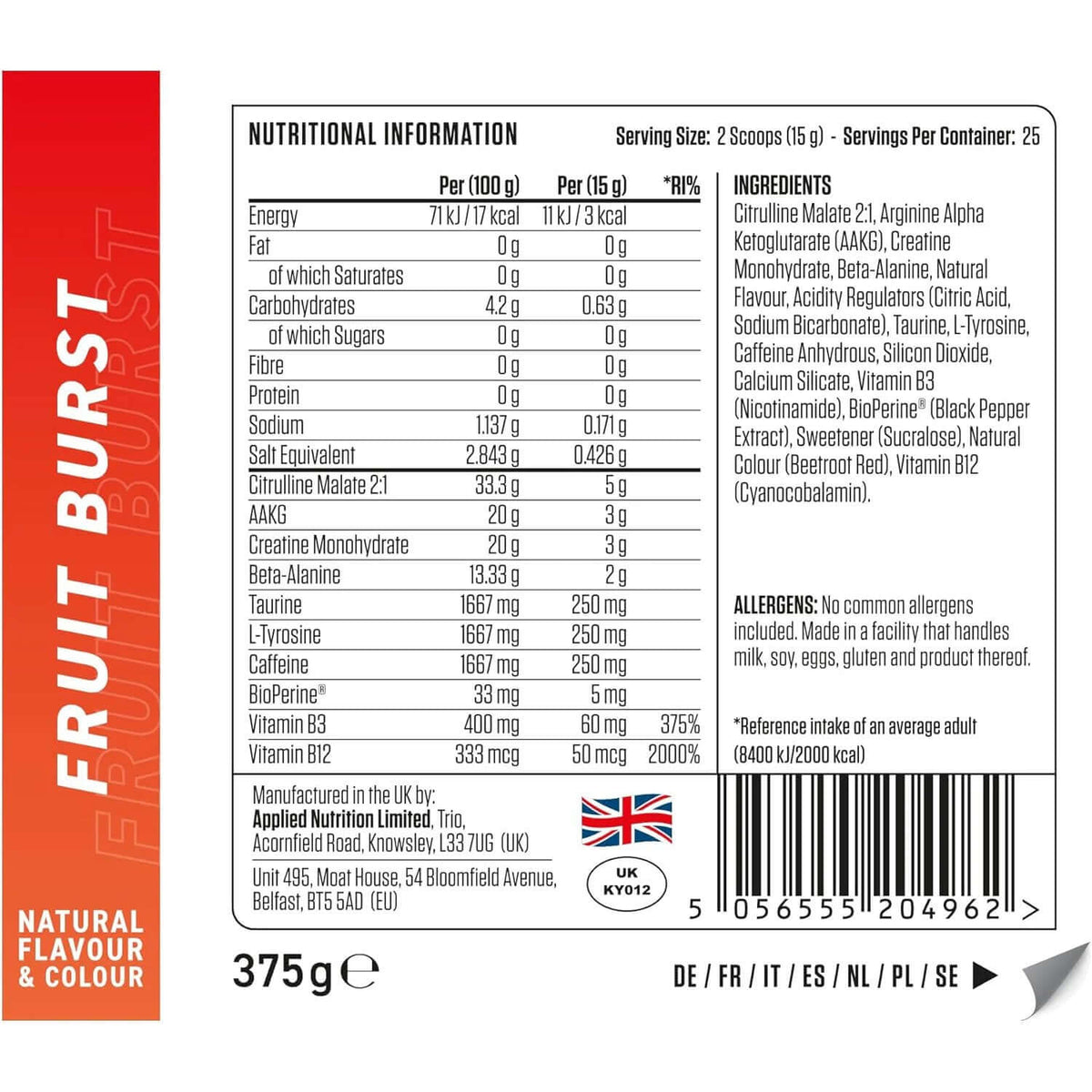 Applied Nutrition Pump 3G Pre Workout (with Caffeine) Nutrition Facts