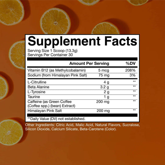 Raw Nutrition CBUM Essential Pre-Workout, Orange flavor, 30 servings Supplement Facts