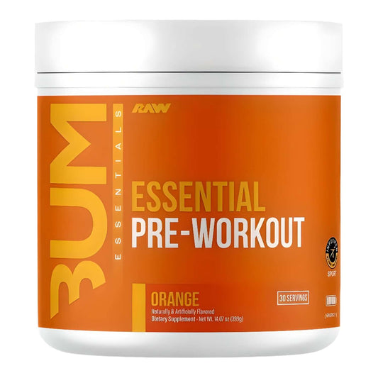 Raw Nutrition CBUM Essential Pre-Workout, Orange flavor, supplement facts including Vitamin B12, Citrulline, and Caffeine.